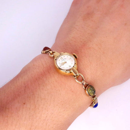 Vintage Gemstone Scarab Bracelet Watch Gold Filled Egyptian Revival