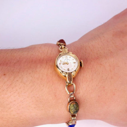 Vintage Gemstone Scarab Bracelet Watch Gold Filled Egyptian Revival