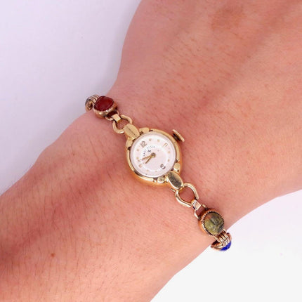 Vintage Gemstone Scarab Bracelet Watch Gold Filled Egyptian Revival