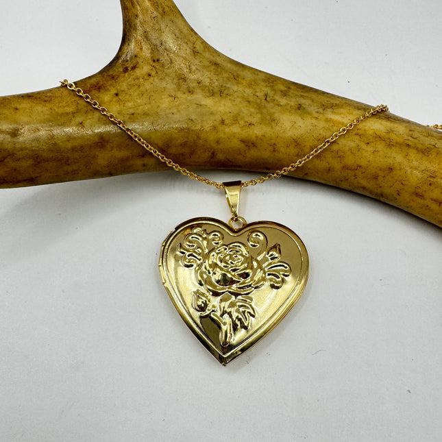 Vintage Heart Locket Necklace: Etched Gold Filled Charm