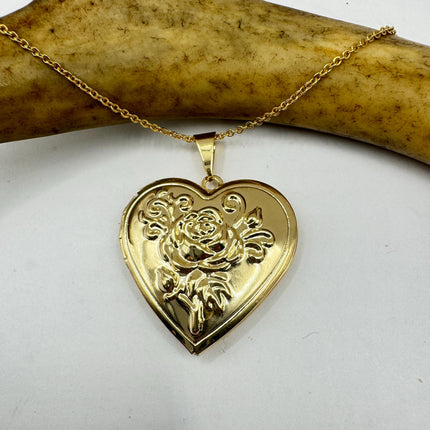 Vintage Heart Locket Necklace: Etched Gold Filled Charm