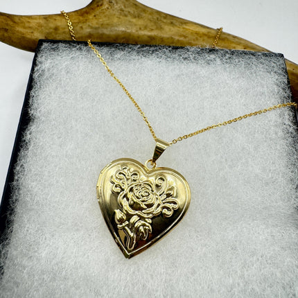 Vintage Heart Locket Necklace: Etched Gold Filled Charm