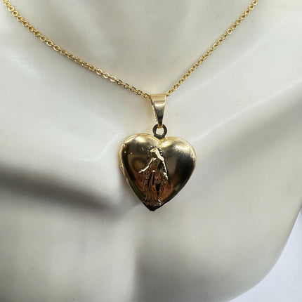 Vintage Sacred Heart Locket Necklace: Etched Gold Filled Christian Religious Charm
