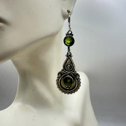 Vintage Green Peridot Glass Silver Earrings | 925 sterling Silver Lever Backs