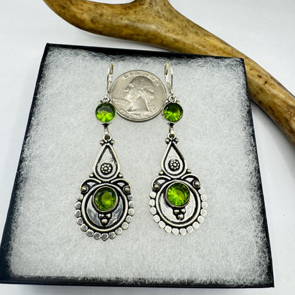 Vintage Green Peridot Glass Silver Earrings | 925 sterling Silver Lever Backs