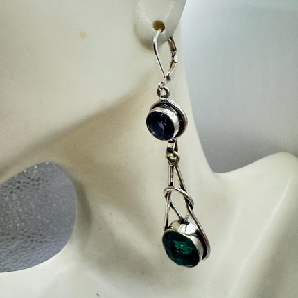 Vintage Green Aqua Glass Dangle Earrings Sterling Silver Leverbacks