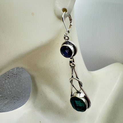 Vintage Green Aqua Glass Dangle Earrings Sterling Silver Leverbacks