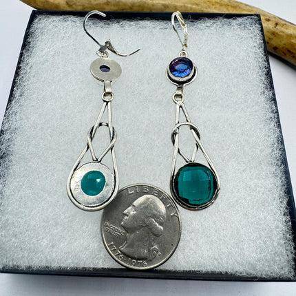 Vintage Green Aqua Glass Dangle Earrings Sterling Silver Leverbacks