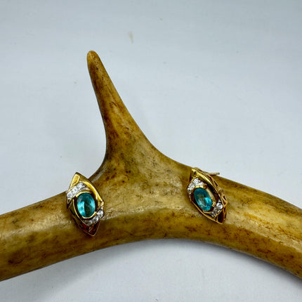 Vintage Blue Fluorite Stud Earrings: Golden Sterling Silver Studs