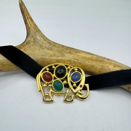 Vintage Scarab Brooch Pin, Gold Filled Elephant Mixed Gemstone