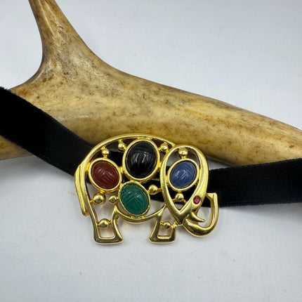 Vintage Scarab Brooch Pin, Gold Filled Elephant Mixed Gemstone
