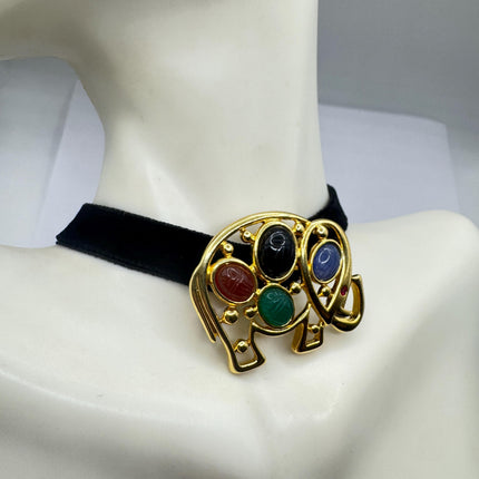 Vintage Scarab Brooch Pin, Gold Filled Elephant Mixed Gemstone