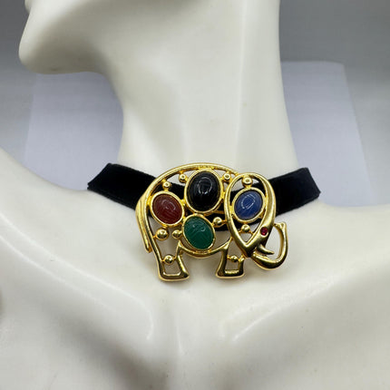 Vintage Scarab Brooch Pin, Gold Filled Elephant Mixed Gemstone