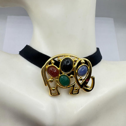 Vintage Scarab Brooch Pin, Gold Filled Elephant Mixed Gemstone