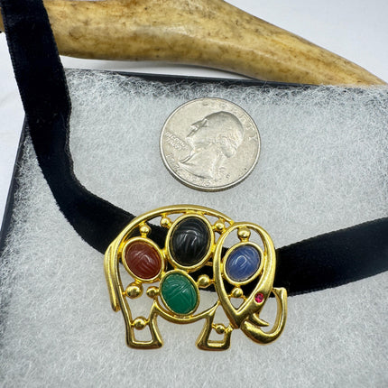 Vintage Scarab Brooch Pin, Gold Filled Elephant Mixed Gemstone
