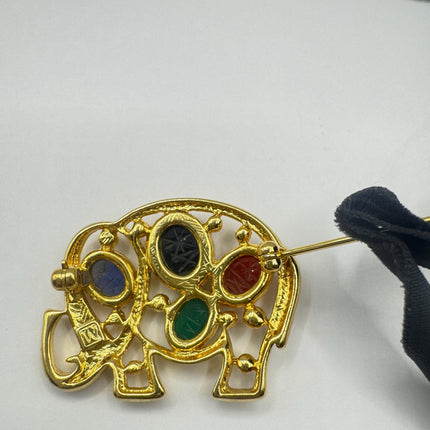 Vintage Scarab Brooch Pin, Gold Filled Elephant Mixed Gemstone