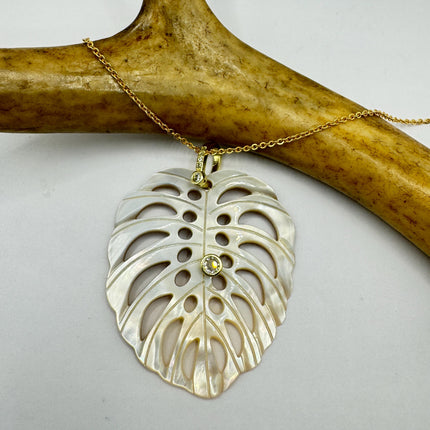Vintage Mother Of Pearl Monstera Leaf Gold Filled Necklace