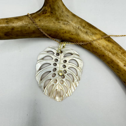 Vintage Mother Of Pearl Monstera Leaf Gold Filled Necklace