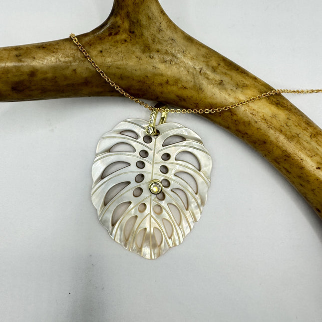Vintage Mother Of Pearl Monstera Leaf Gold Filled Necklace