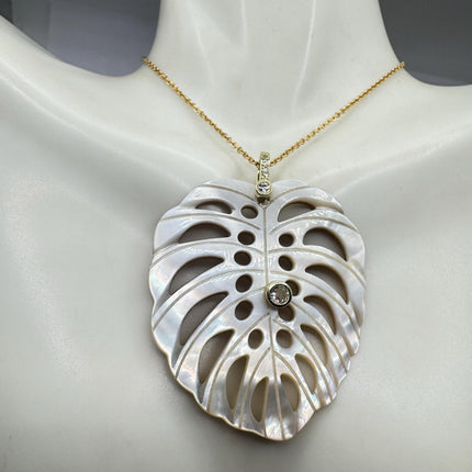 Vintage Mother Of Pearl Monstera Leaf Gold Filled Necklace
