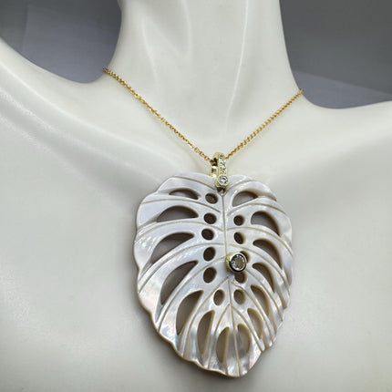 Vintage Mother Of Pearl Monstera Leaf Gold Filled Necklace