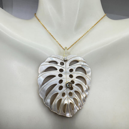 Vintage Mother Of Pearl Monstera Leaf Gold Filled Necklace