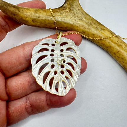 Vintage Mother Of Pearl Monstera Leaf Gold Filled Necklace