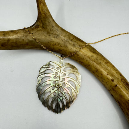 Vintage Bronze Mother Of Pearl Monstera Leaf Gold Filled Necklace