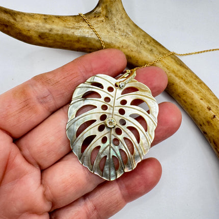 Vintage Bronze Mother Of Pearl Monstera Leaf Gold Filled Necklace