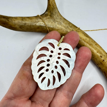 Vintage Bronze Mother Of Pearl Monstera Leaf Gold Filled Necklace