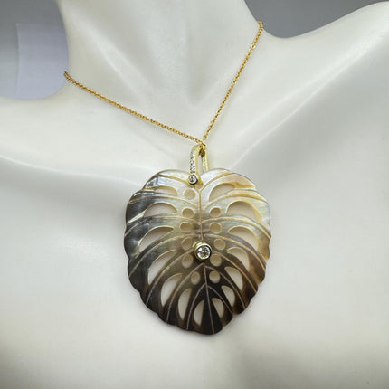 Vintage Bronze Mother Of Pearl Monstera Leaf Gold Filled Necklace
