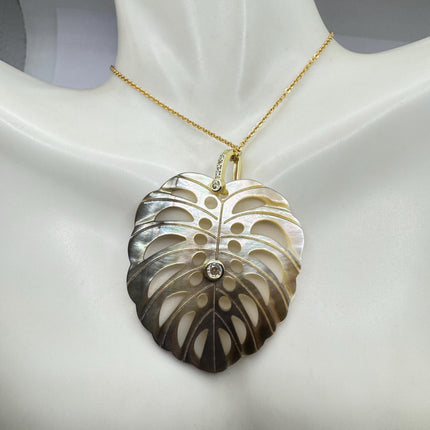 Vintage Bronze Mother Of Pearl Monstera Leaf Gold Filled Necklace