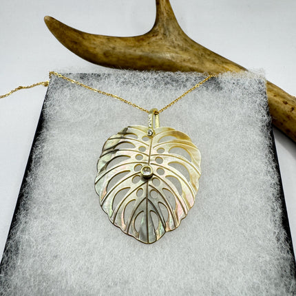 Vintage Bronze Mother Of Pearl Monstera Leaf Gold Filled Necklace