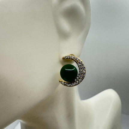 Vintage Golden Green Jade Crescent Moon Lucky Stud Earrings