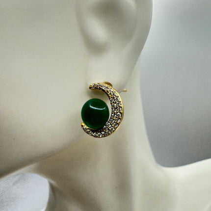 Vintage Golden Green Jade Crescent Moon Lucky Stud Earrings