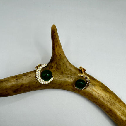 Vintage Golden Green Jade Crescent Moon Lucky Stud Earrings