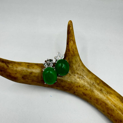 Vintage Silver Green Jade Lucky Stud Earrings - Bronze Casting