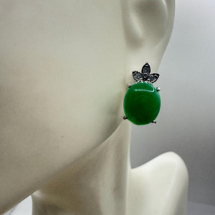 Vintage Silver Green Jade Lucky Stud Earrings - Bronze Casting