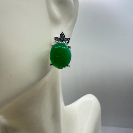 Vintage Silver Green Jade Lucky Stud Earrings - Bronze Casting