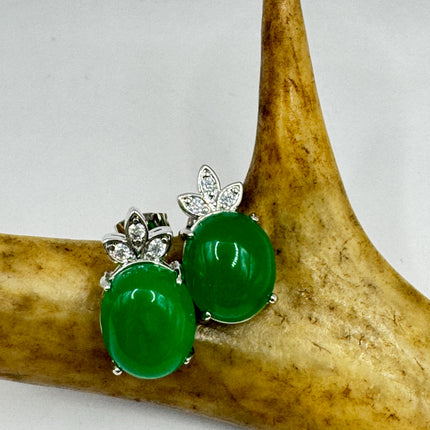 Vintage Silver Green Jade Lucky Stud Earrings - Bronze Casting