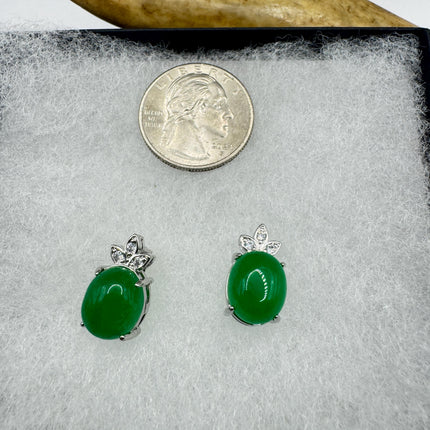 Vintage Silver Green Jade Lucky Stud Earrings - Bronze Casting