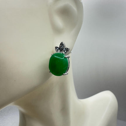 Vintage Silver Green Jade Lucky Stud Earrings - Bronze Casting