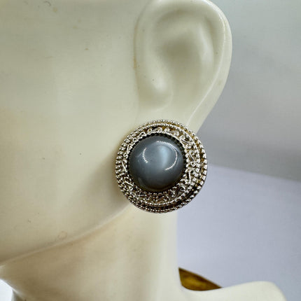 Vintage Deco Grey Moonstone Sterling Silver Stud Earrings