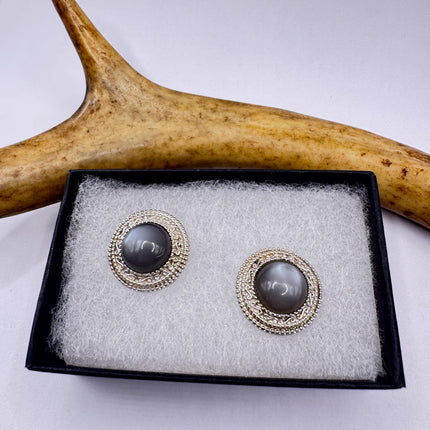 Vintage Deco Grey Moonstone Sterling Silver Stud Earrings