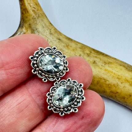 Vintage Green Amethyst 925 Sterling Silver Small Stud Earrings