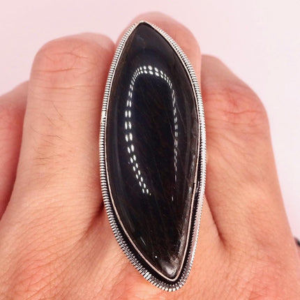 Vintage Chunky Black Tigers Eye Cocktail Ring - Statement Band