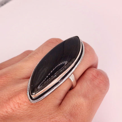 Vintage Chunky Black Tigers Eye Cocktail Ring - Statement Band