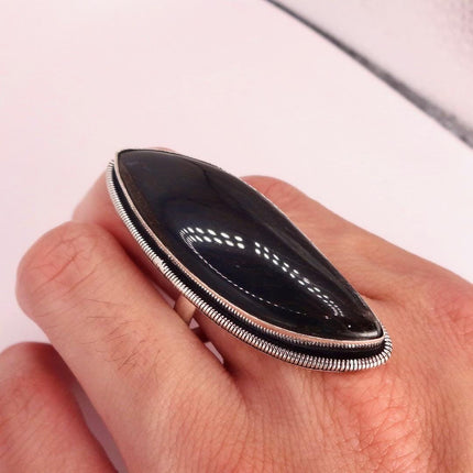 Vintage Chunky Black Tigers Eye Cocktail Ring - Statement Band