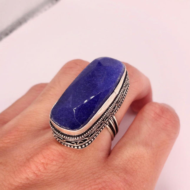 Vintage Raw Blue Sapphire Ring: Handmade Silver Bronze Boho Jewelry
