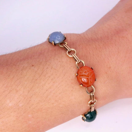 Vintage Gemstone Scarab Bracelet Gold Filled Egyptian Revival